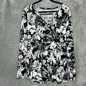 Emaline 2X Top Shirt Black Floral Flower‎ Long Sleeve V Neck Stretch Womens